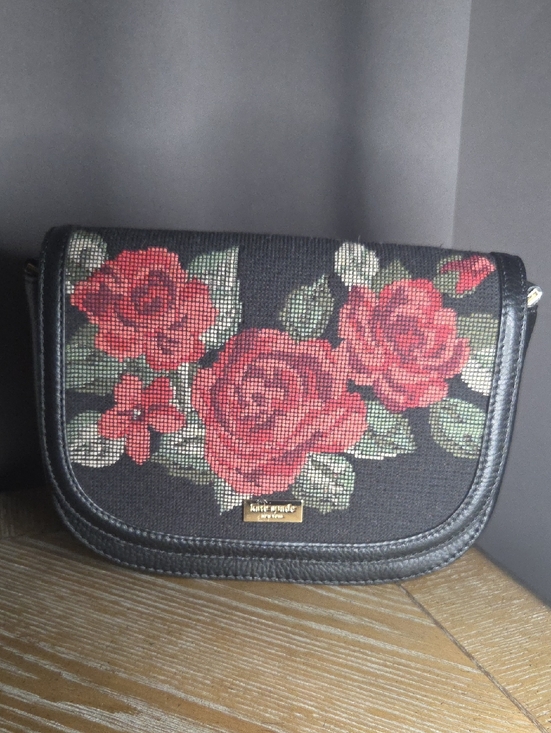 kate spade Handbags - Kate Spade Black Crossbody Bag with Red Rose Needlepoint